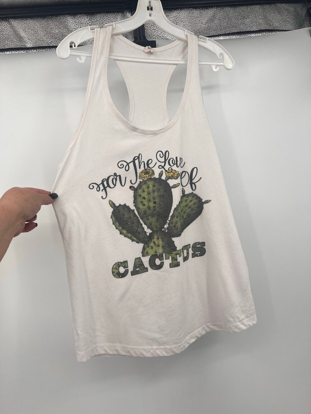 Womens White Tank Top Lg "For the Love of Cactus" Rhinestones Razorback Casual